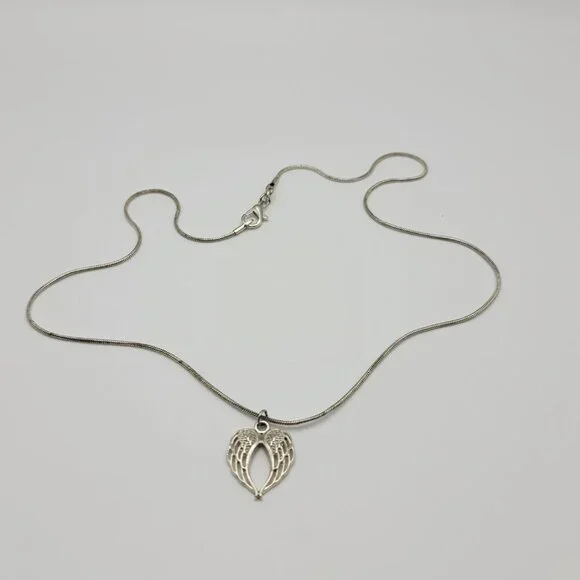 Sterling Silver Angel Wings Pendant Necklace 18 in Snake Chain Lobster Clasp - Picture 2 of 4